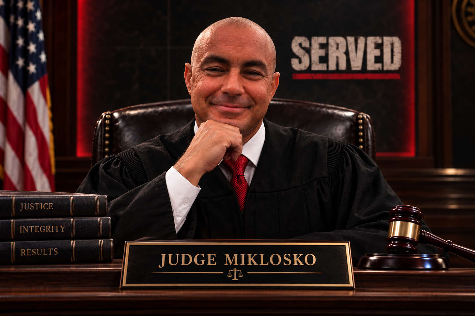 Judge Miklosko in the SERVED courtroom